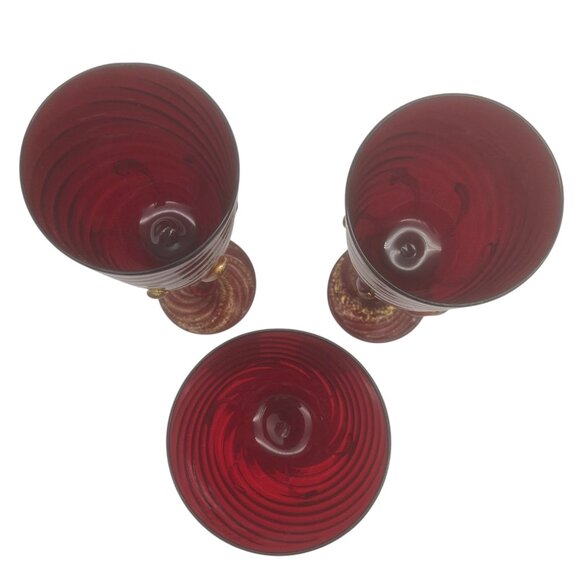 Venetian Vintage Murano Gold Infused Ruby Red Goblets Set of three - Picture 3 of 8